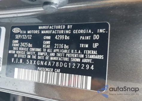 2013 Kia Optima Ex из США, поврежденный, VIN 5XXGN4A78DG127294